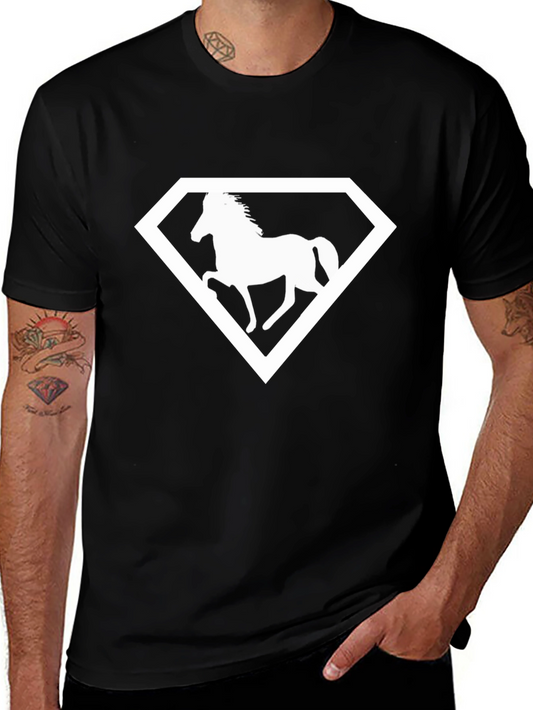 Horse Emblem Graphic Tee - Black Cotton Casual Shirt