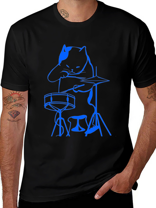 Cool Cat Drummer Graphic Tee - Black Cotton T-Shirt