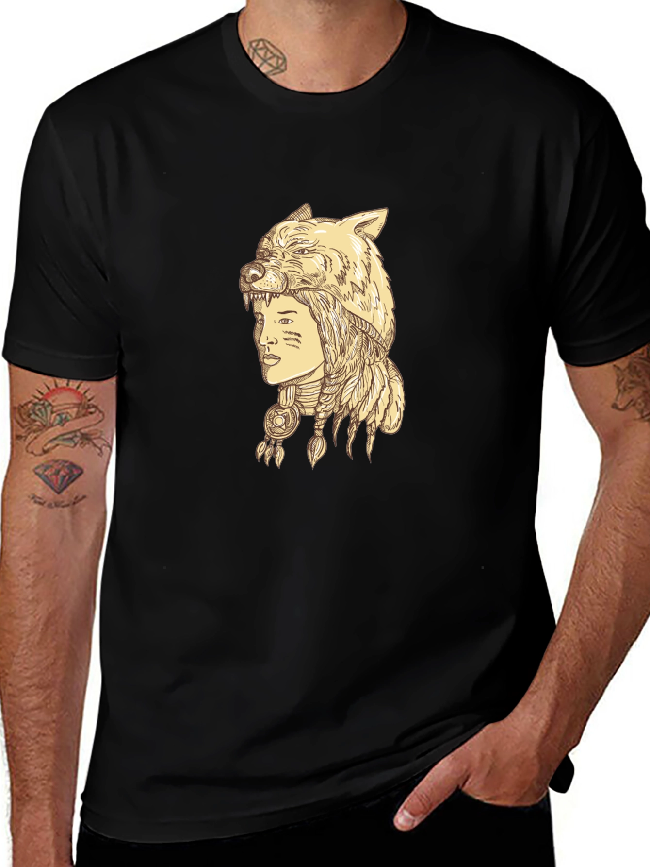 Wolf Headdress Graphic Tee - Unisex Black T-Shirt