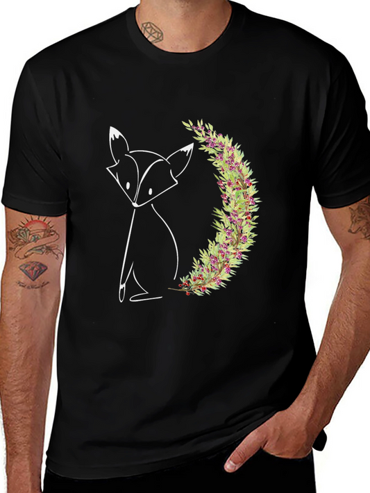 Minimalist Fox & Floral Wreath Graphic Tee - Black