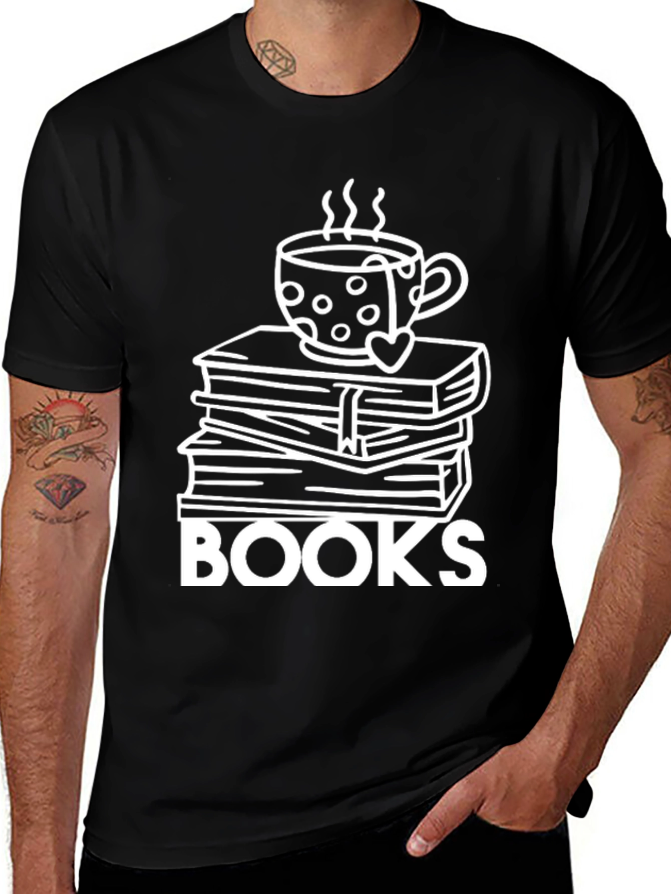 Book Lovers Tee: Stacked Books & Coffee Cup Design