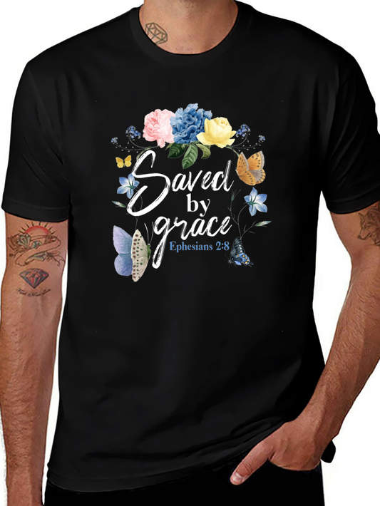 Saved by Grace T-Shirt - Floral Butterfly Design