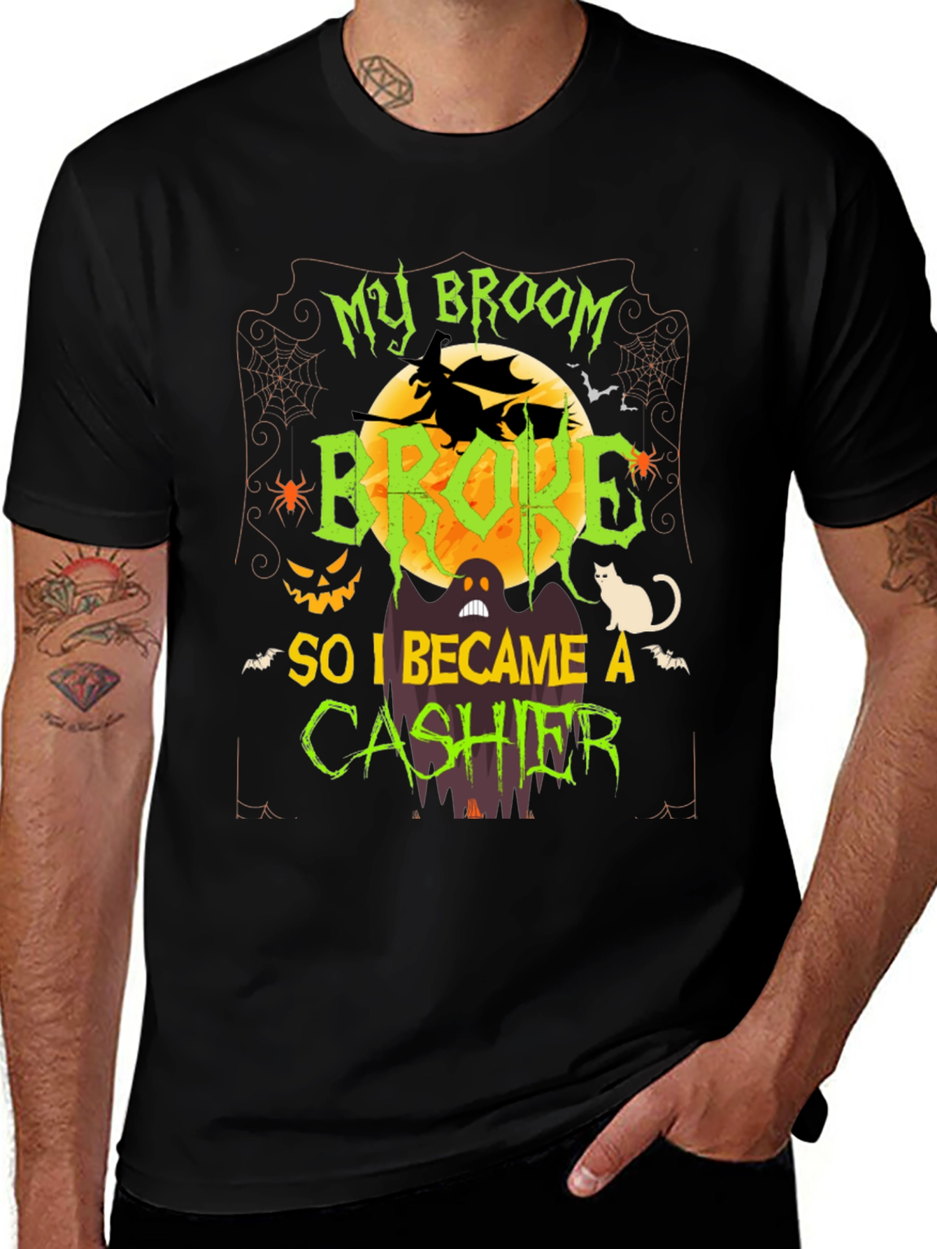 Halloween Cashier T-Shirt: My Broom Broke