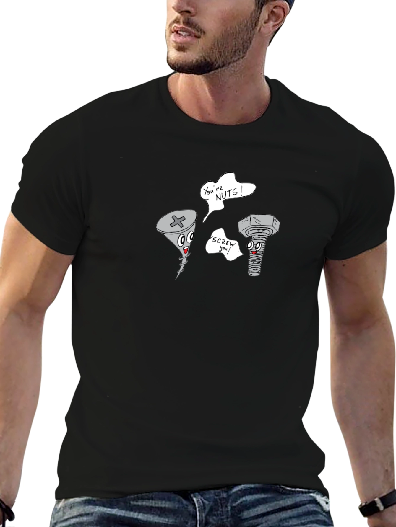 Funny Screw & Nut Cartoon Black T-Shirt