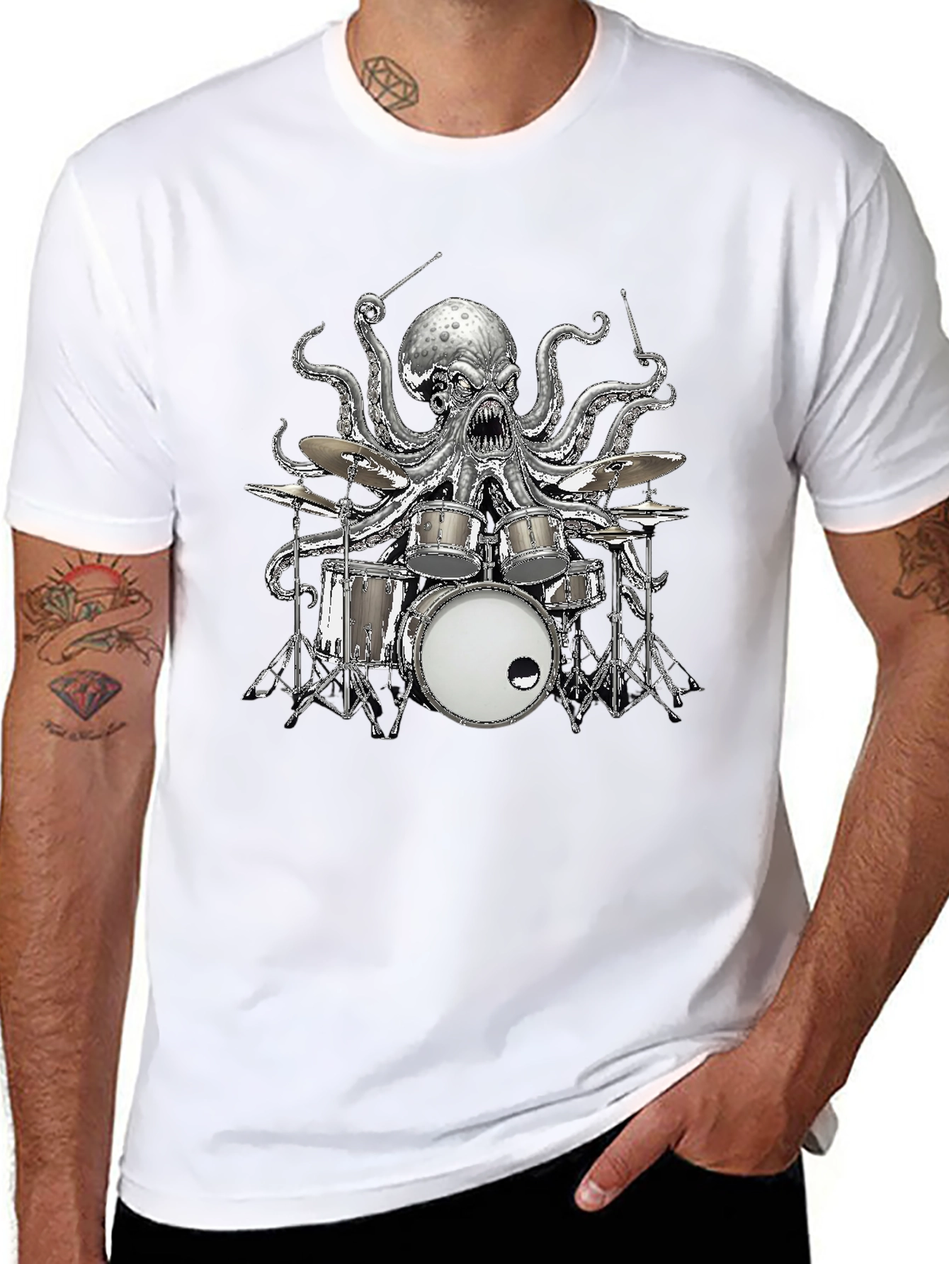 Octopus Drummer Graphic T-Shirt - Black Cotton Tee
