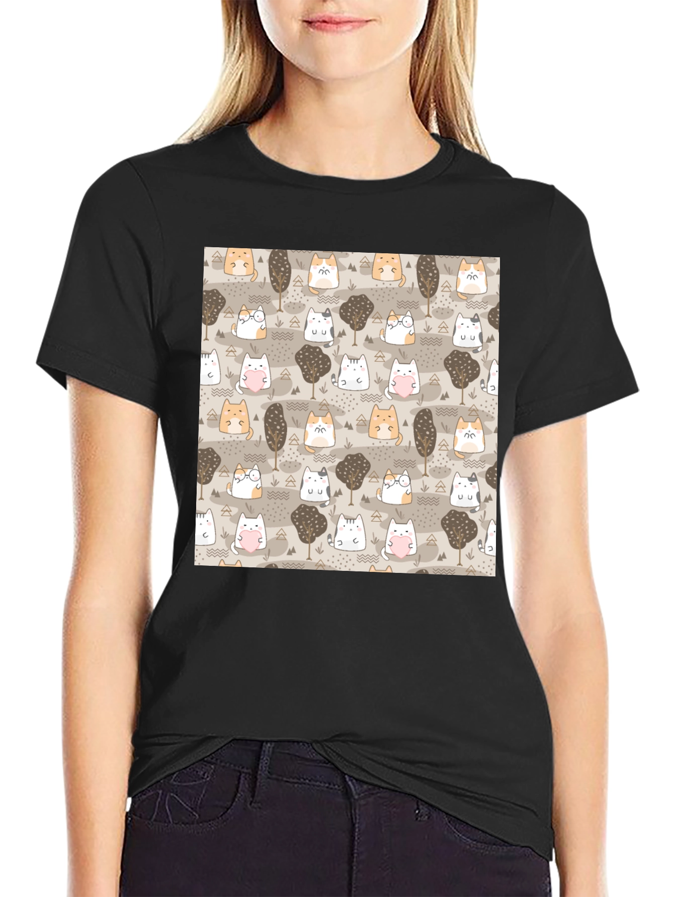 Kawaii Cats & Trees Pattern T-Shirt