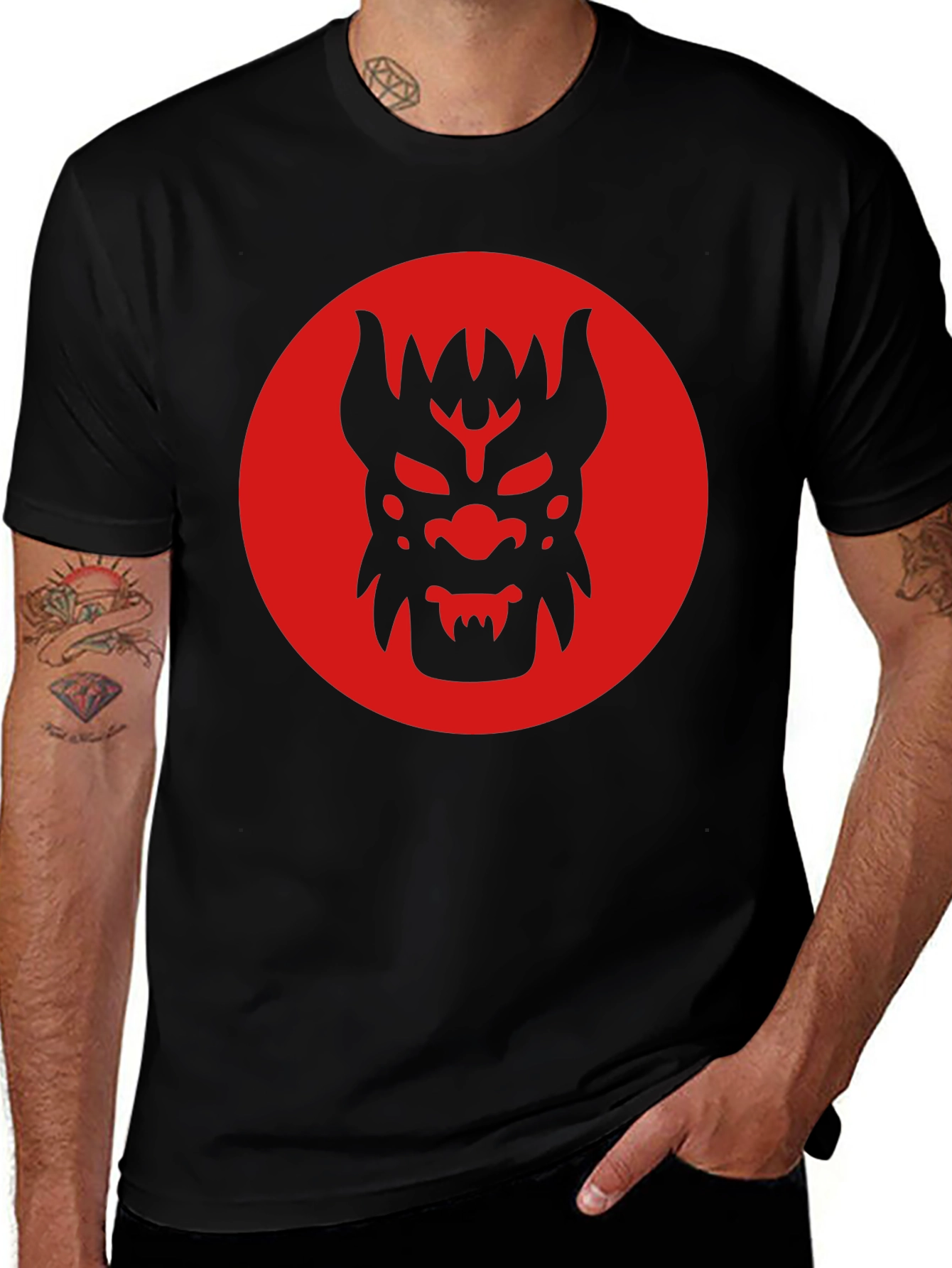 Black T-Shirt with Red Oni Mask Design