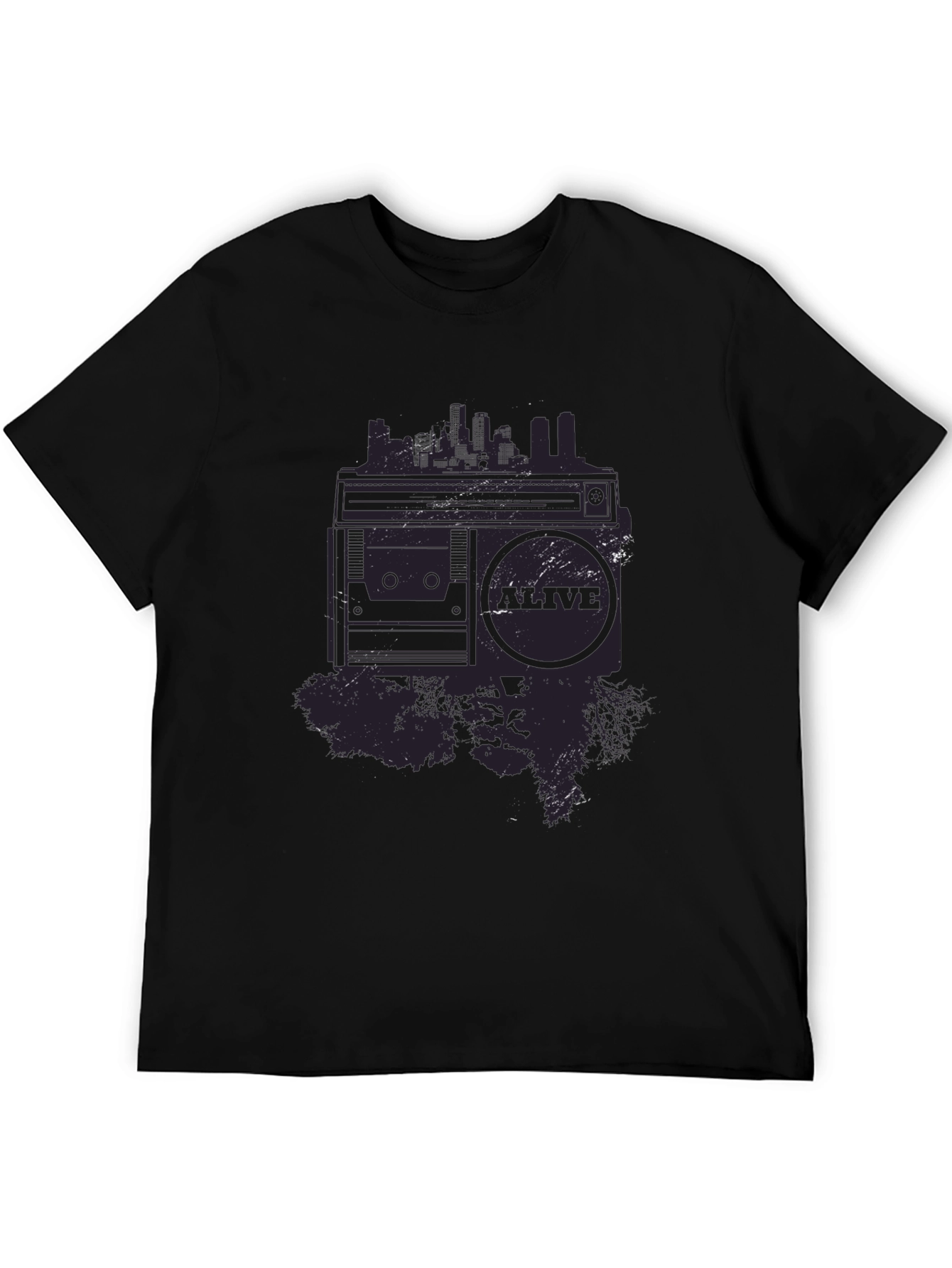 Retro Boombox Cityscape Graphic Tee - Black