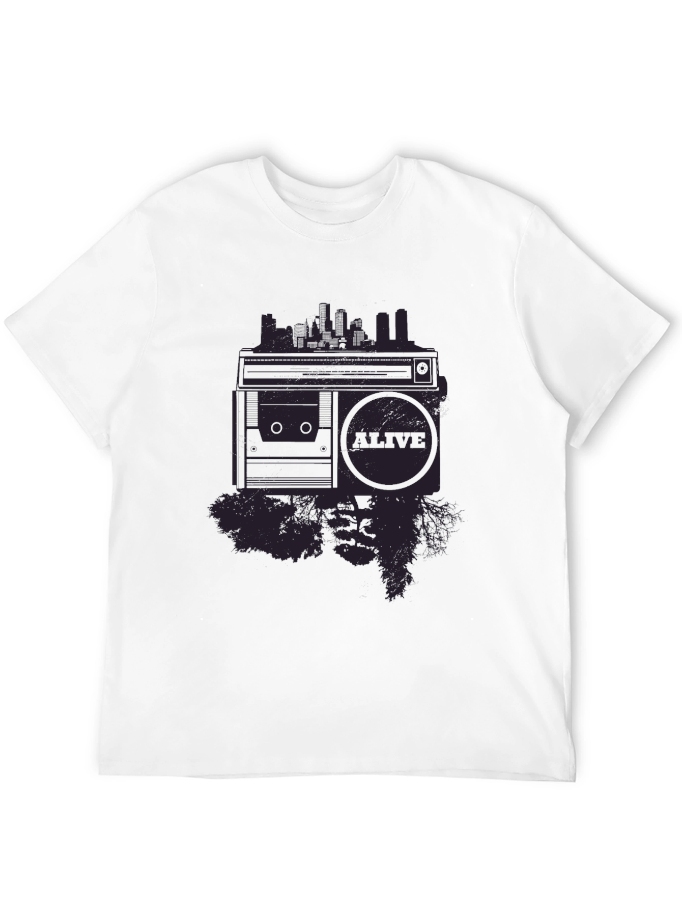 Retro Boombox Cityscape Graphic Tee - Black