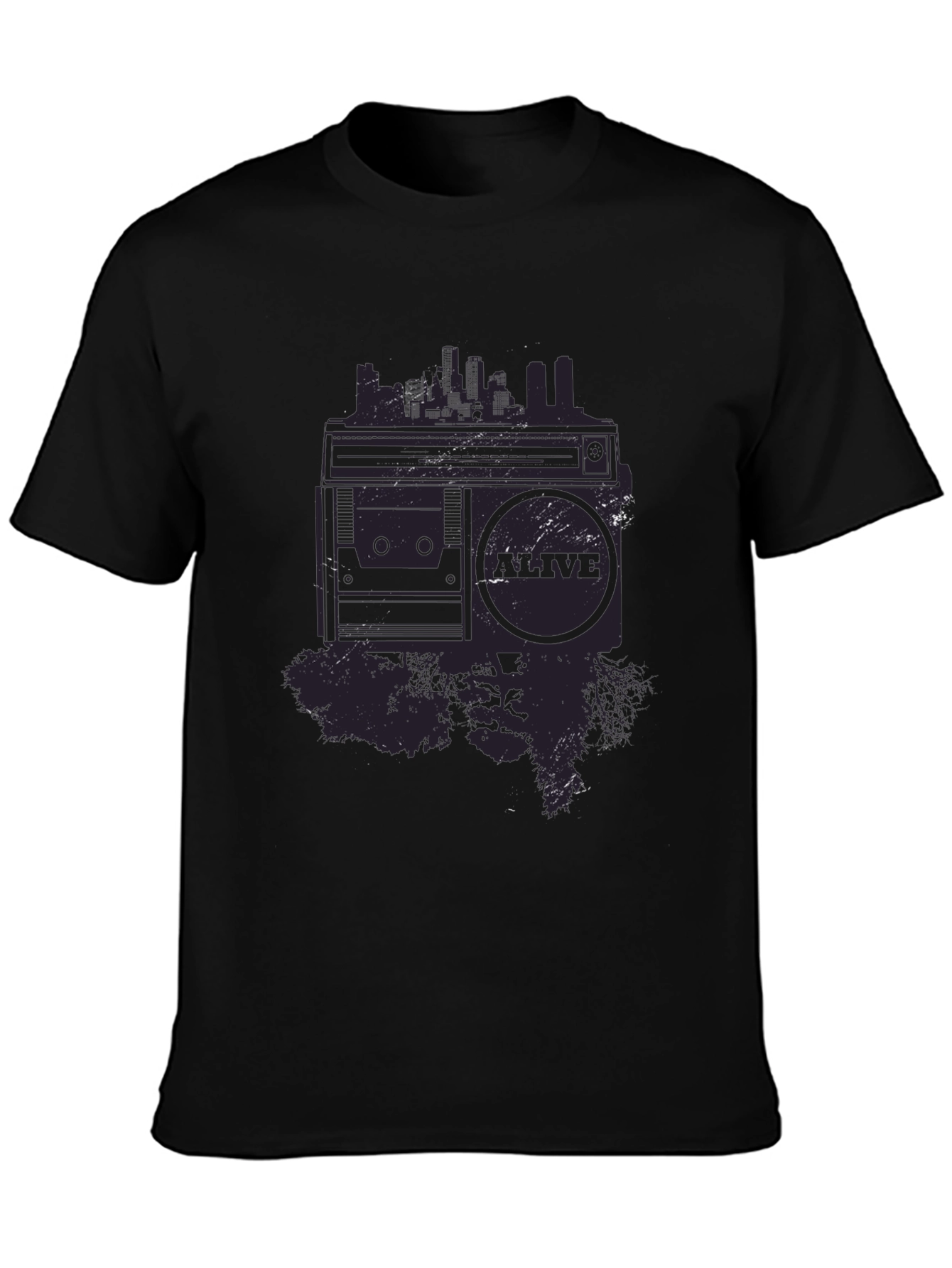 Retro Boombox Cityscape Graphic Tee - Black