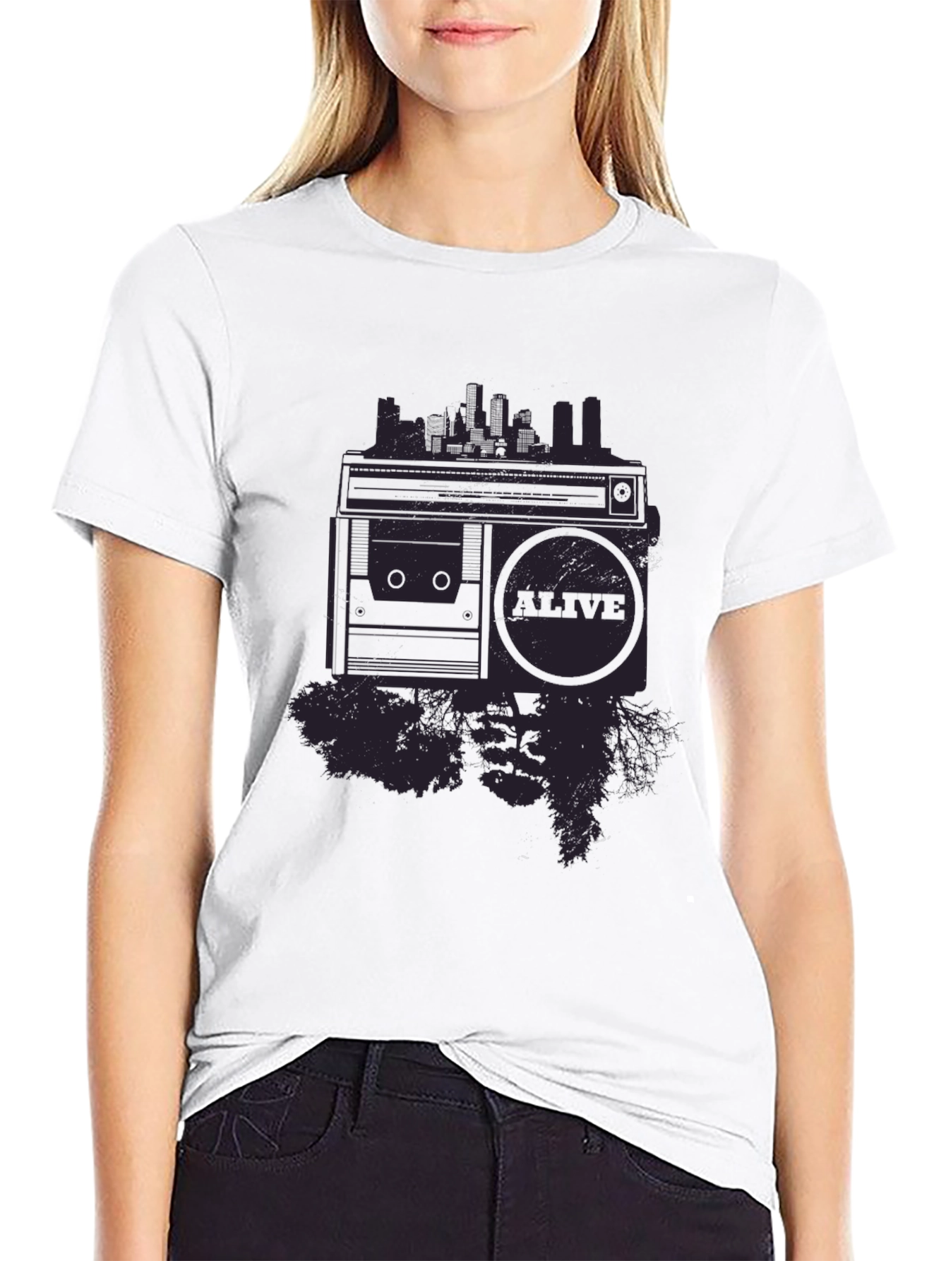 Retro Boombox Cityscape Graphic Tee - Black