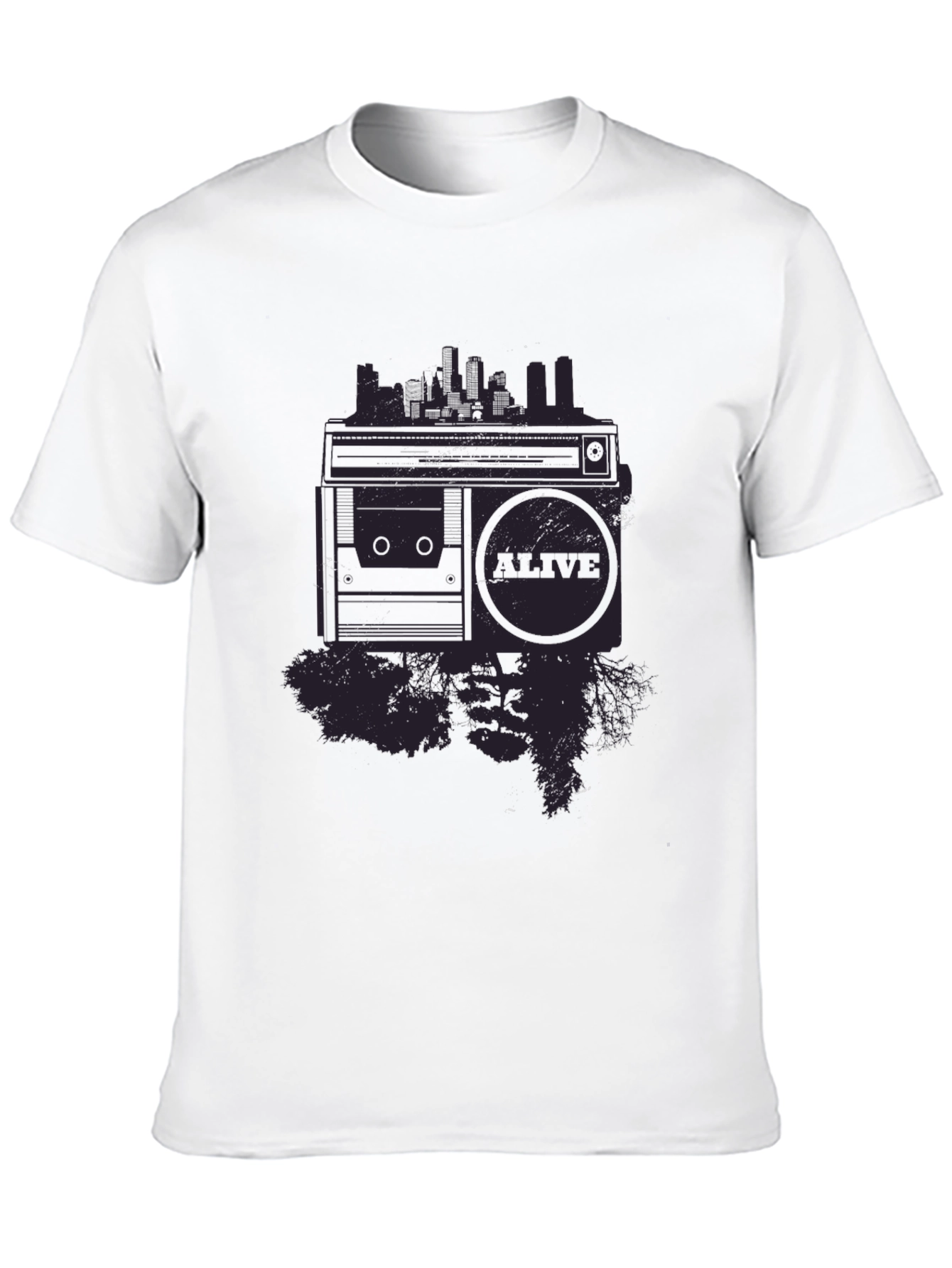 Retro Boombox Cityscape Graphic Tee - Black