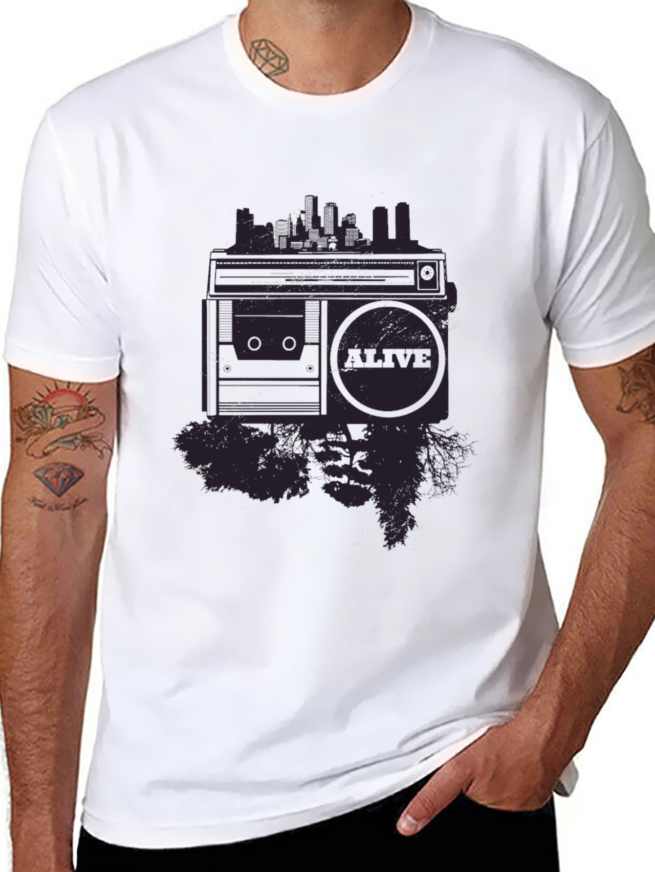 Retro Boombox Cityscape Graphic Tee - Black