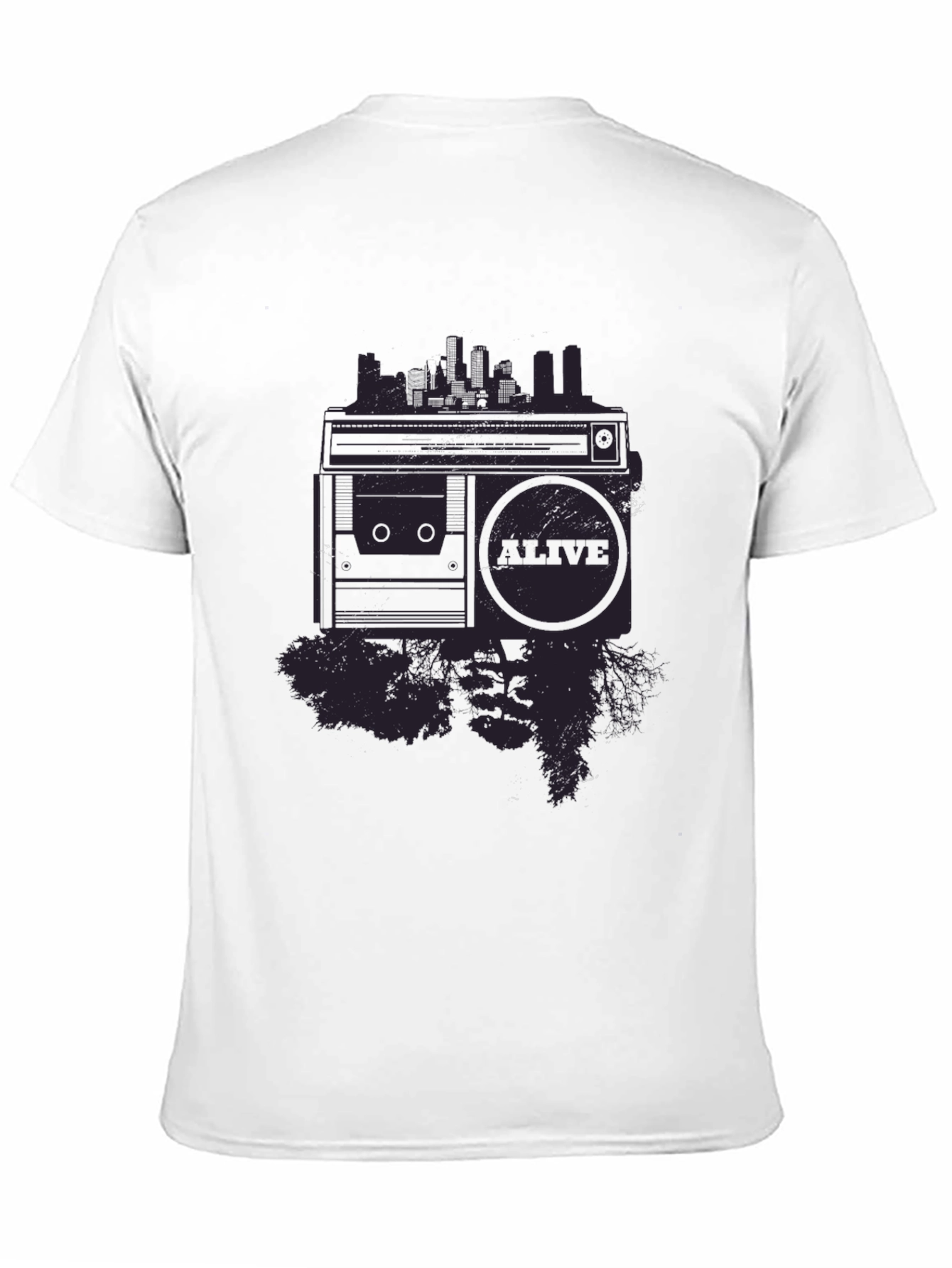 Retro Boombox Cityscape Graphic Tee - Black