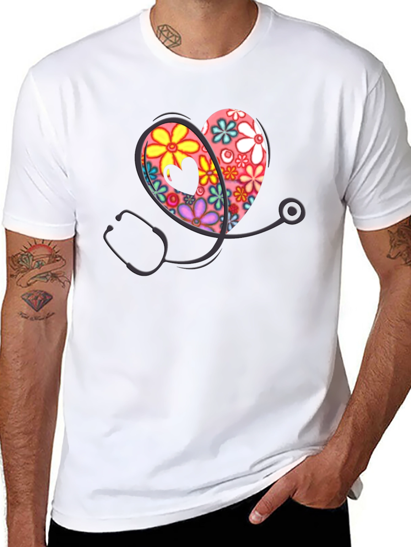 Floral Heart Stethoscope Graphic Tee