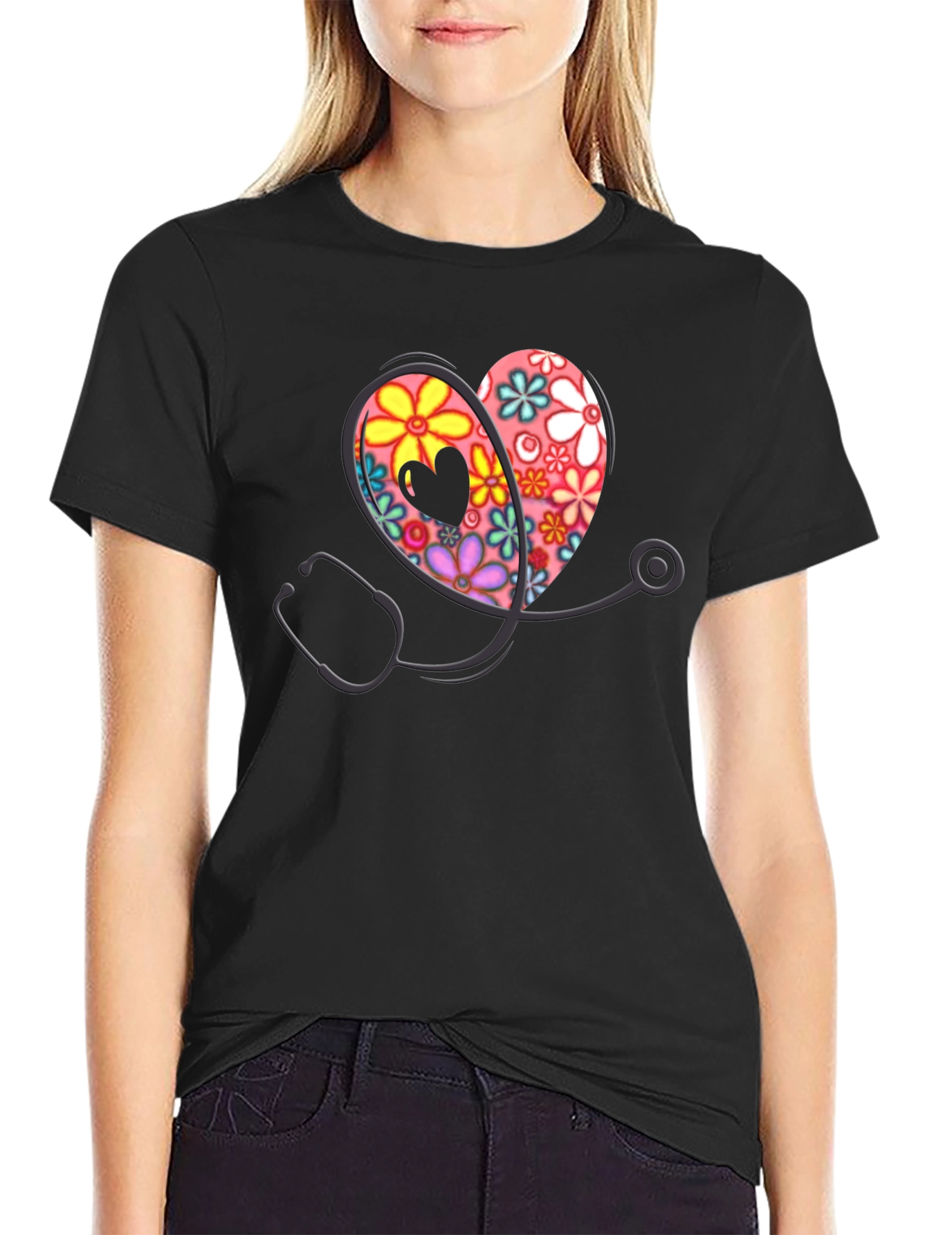 Floral Heart Stethoscope Graphic Tee
