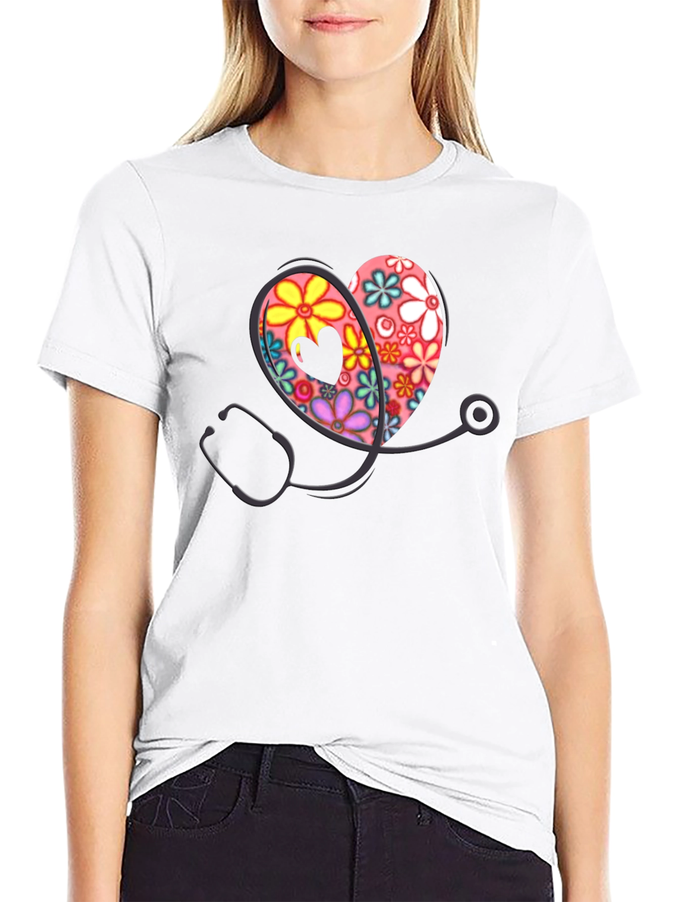 Floral Heart Stethoscope Graphic Tee