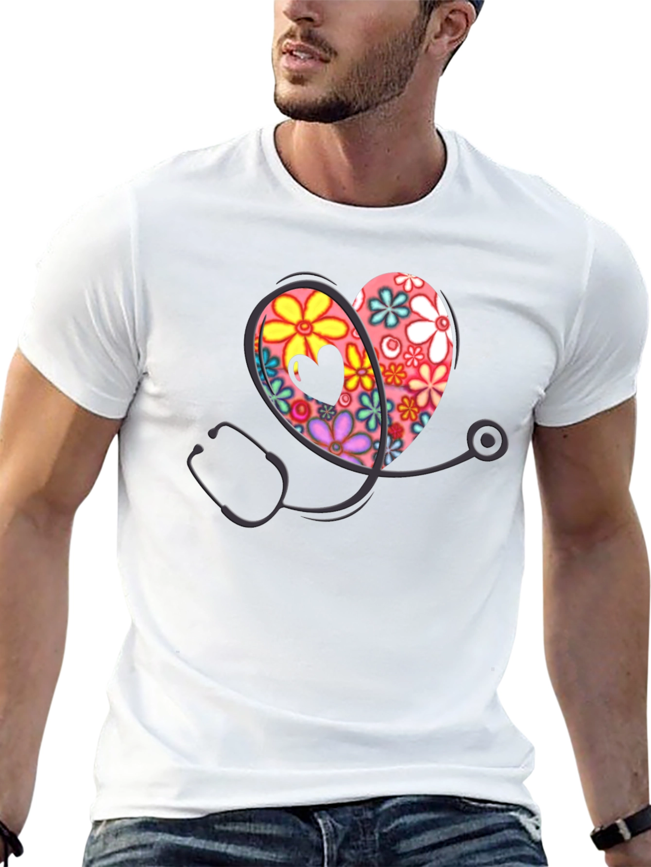 Floral Heart Stethoscope Graphic Tee