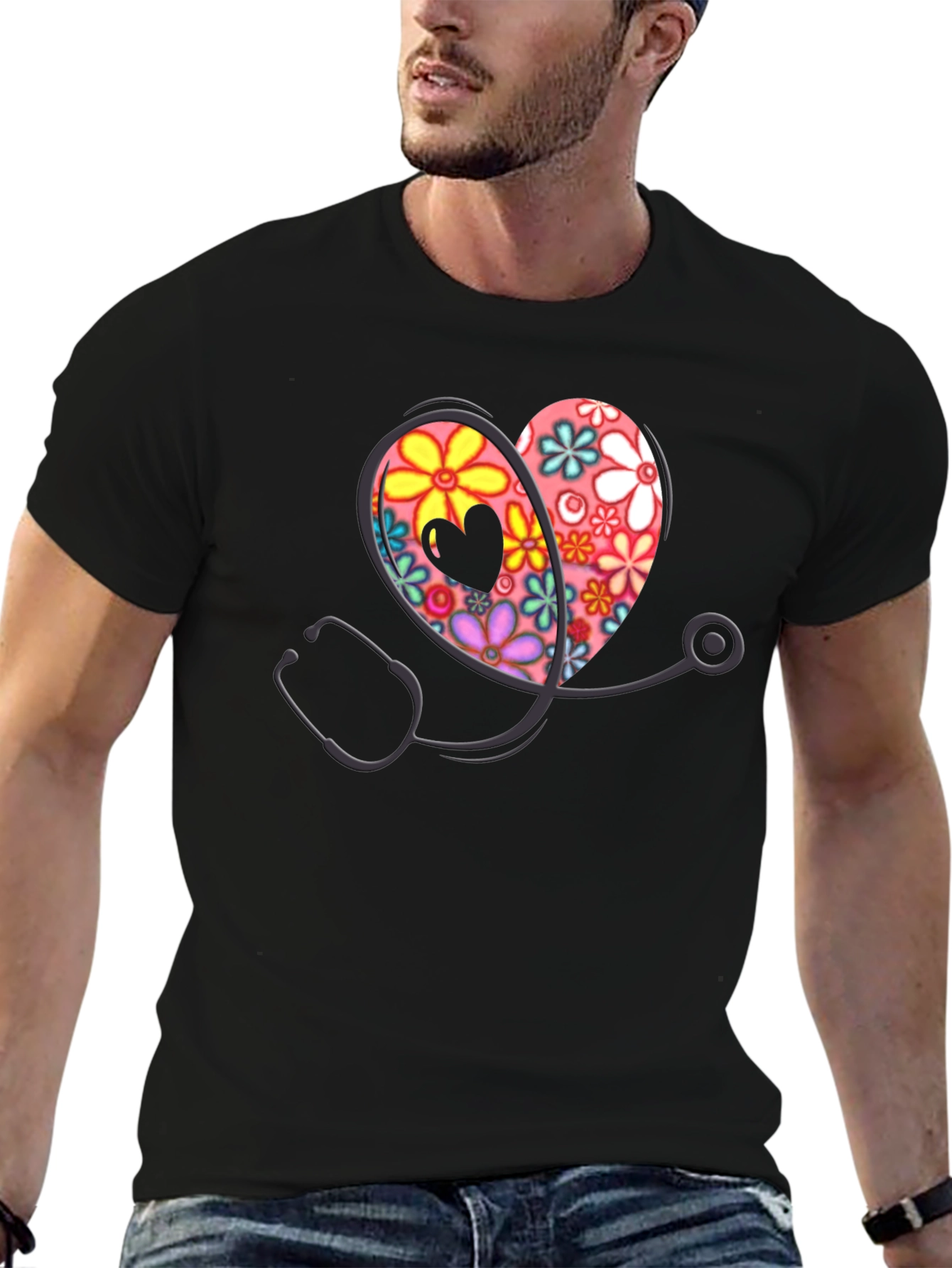 Floral Heart Stethoscope Graphic Tee
