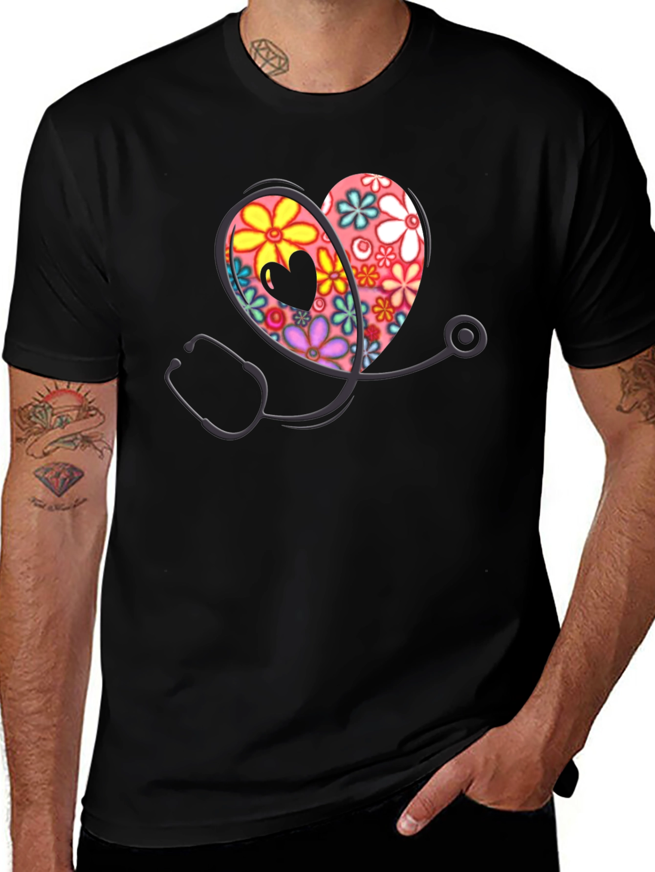 Floral Heart Stethoscope Graphic Tee