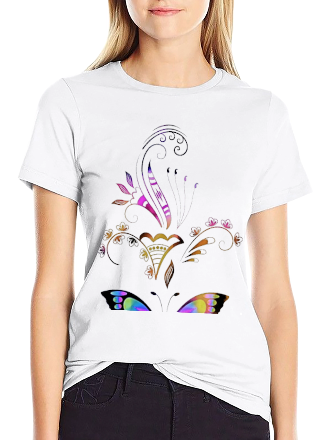 Floral Butterfly Graphic Black Tee