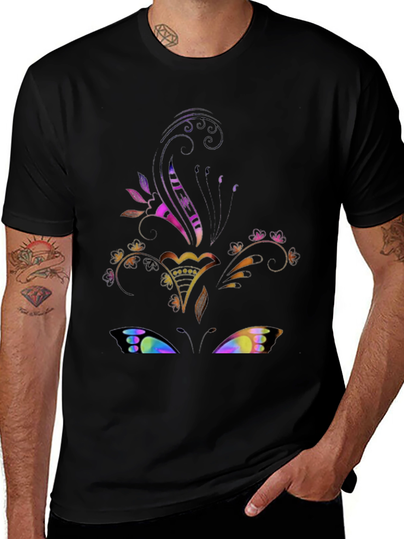 Floral Butterfly Graphic Black Tee