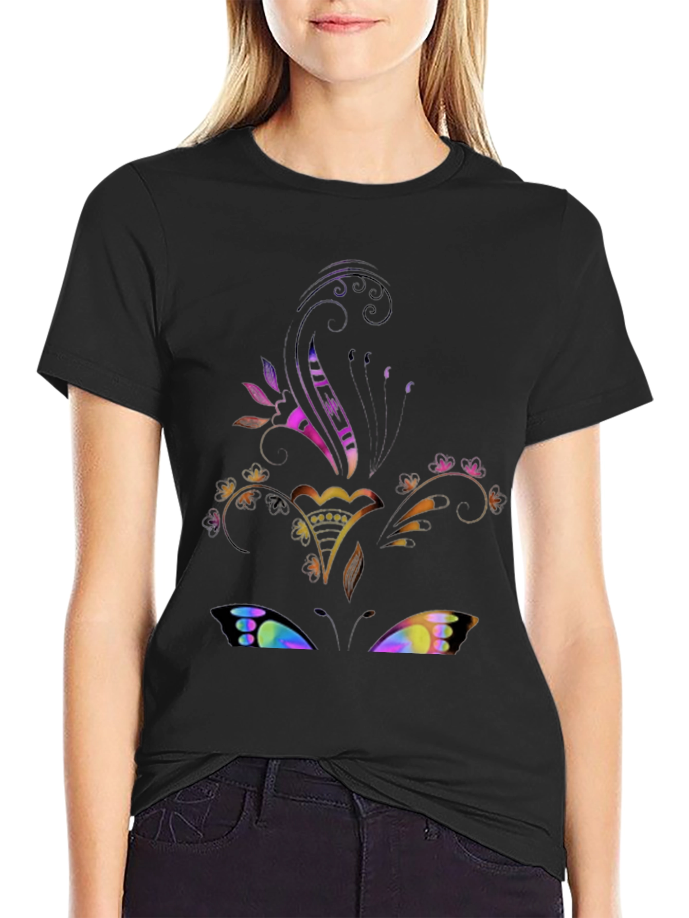 Floral Butterfly Graphic Black Tee
