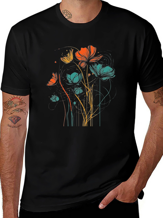 Floral Line Art Graphic Black T-Shirt