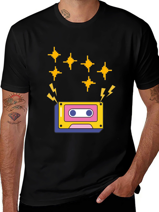 Retro Cassette Tape Graphic Tee - Black Short Sleeve Shirt
