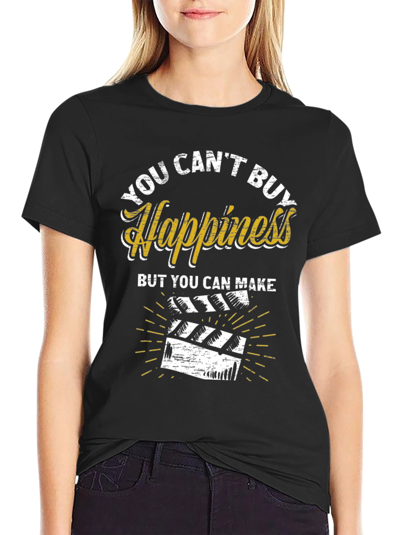 You Cant Buy Happiness Make Movies Black Graphic Tee