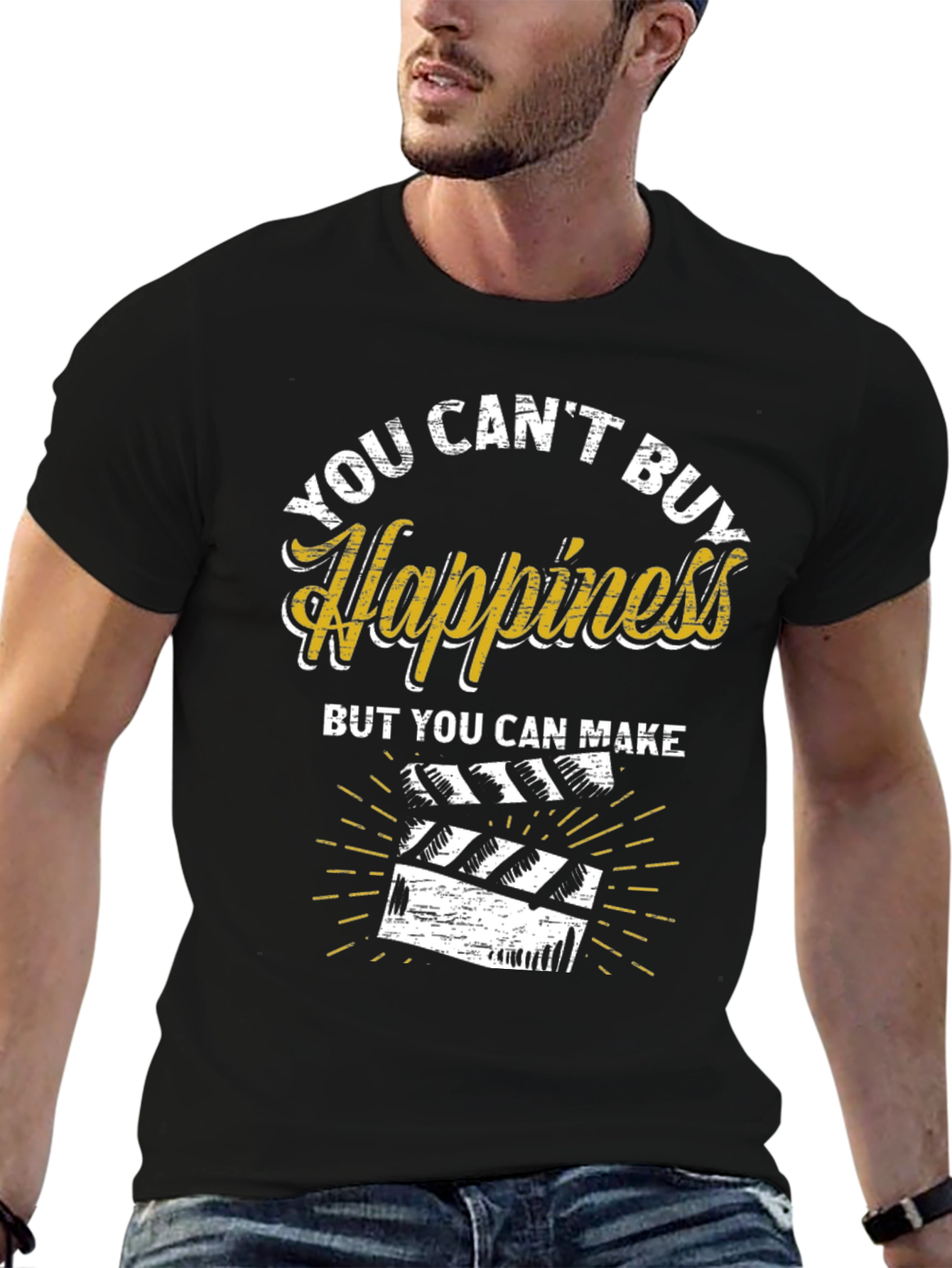 You Cant Buy Happiness Make Movies Black Graphic Tee
