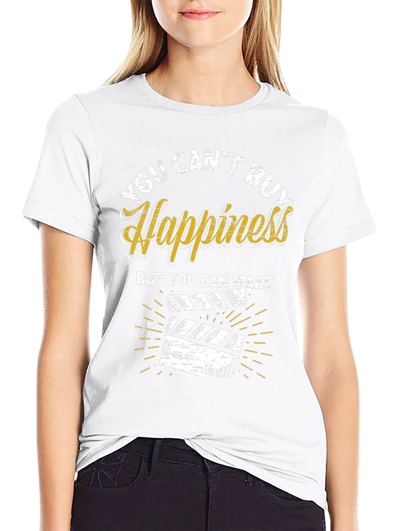 You Cant Buy Happiness Make Movies Black Graphic Tee