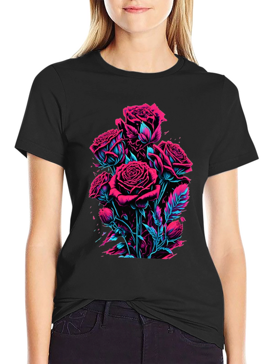 Neon Roses Graphic Black T-Shirt