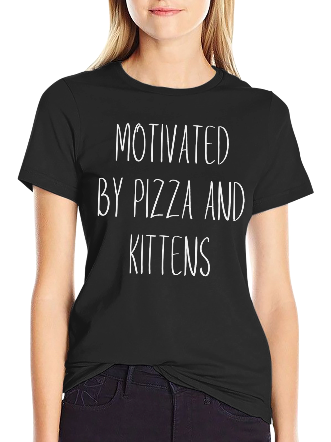 Motivated by Pizza and Kittens Black T-Shirt