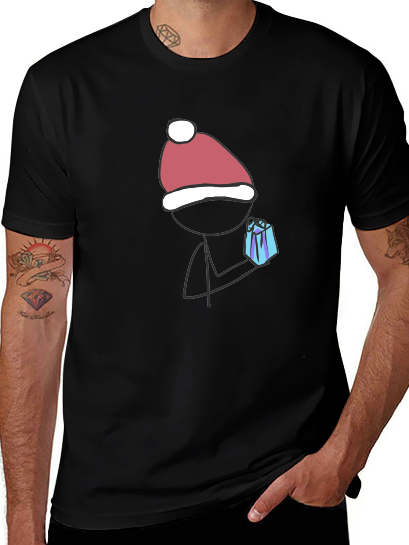 Festive Stick Figure Gift Tee - Black Cotton Blend