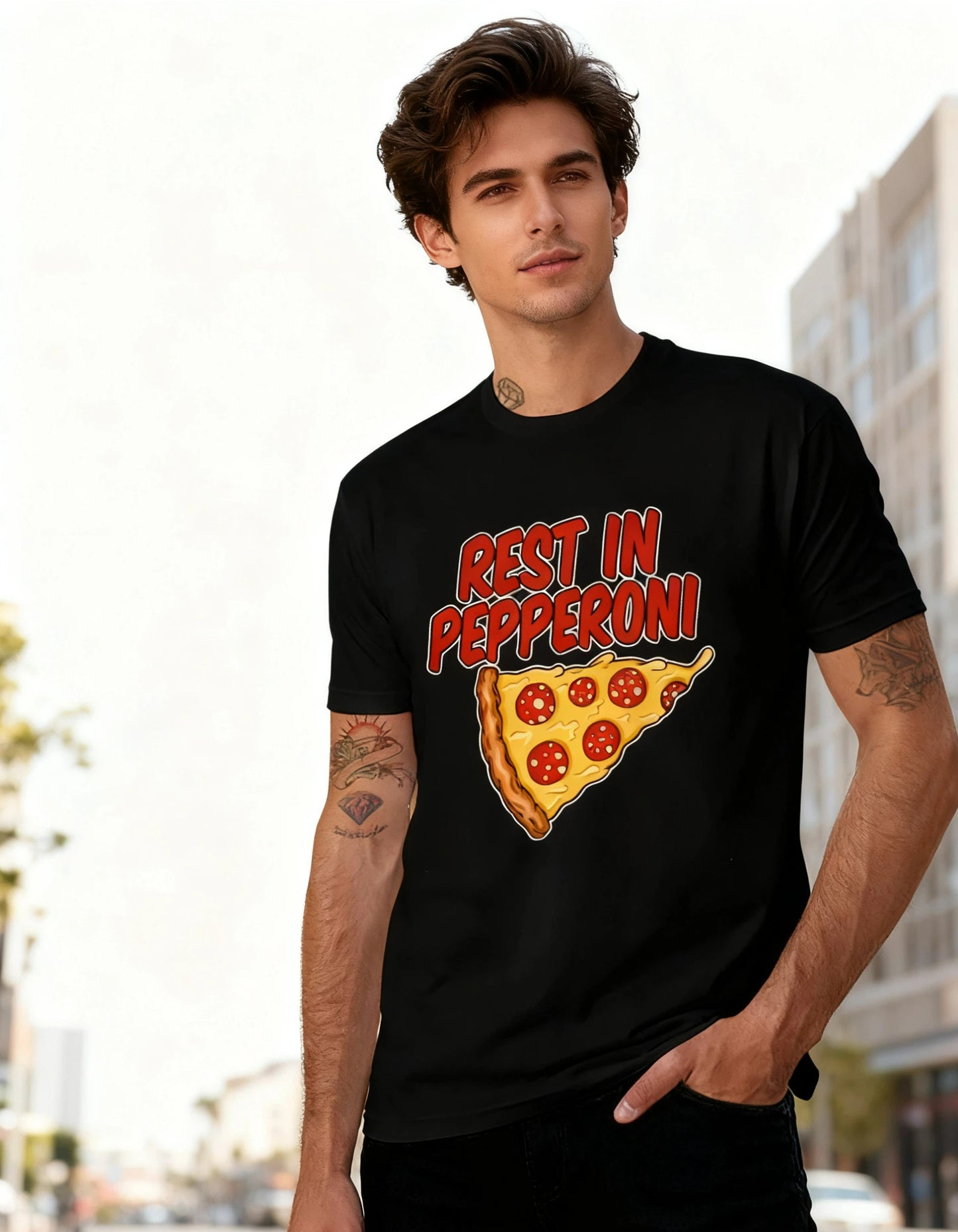 Chic Pizza Print Black T-shirt