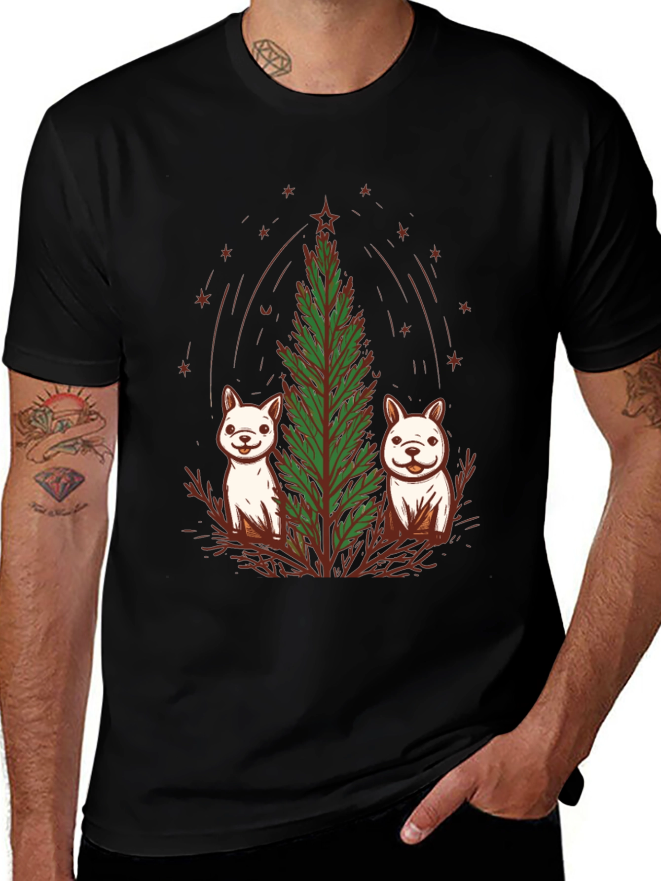 Festive Pups & Christmas Tree Black T-Shirt
