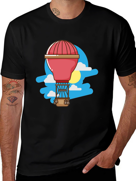 Cartoon Hot Air Balloon Graphic Tee - Black Cotton T-Shirt
