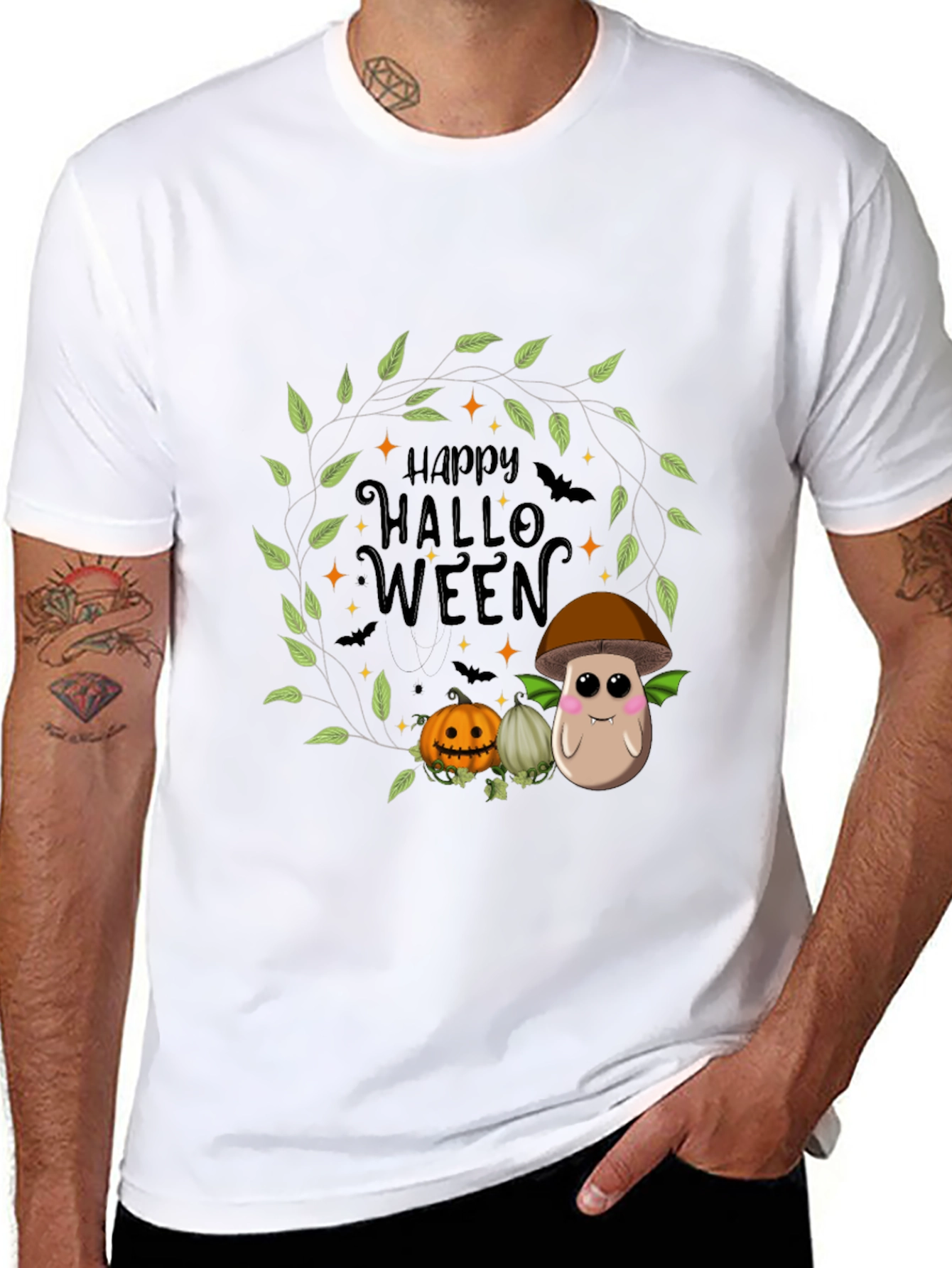 Happy Halloween T-Shirt with Mushroom and Pumpkin Design