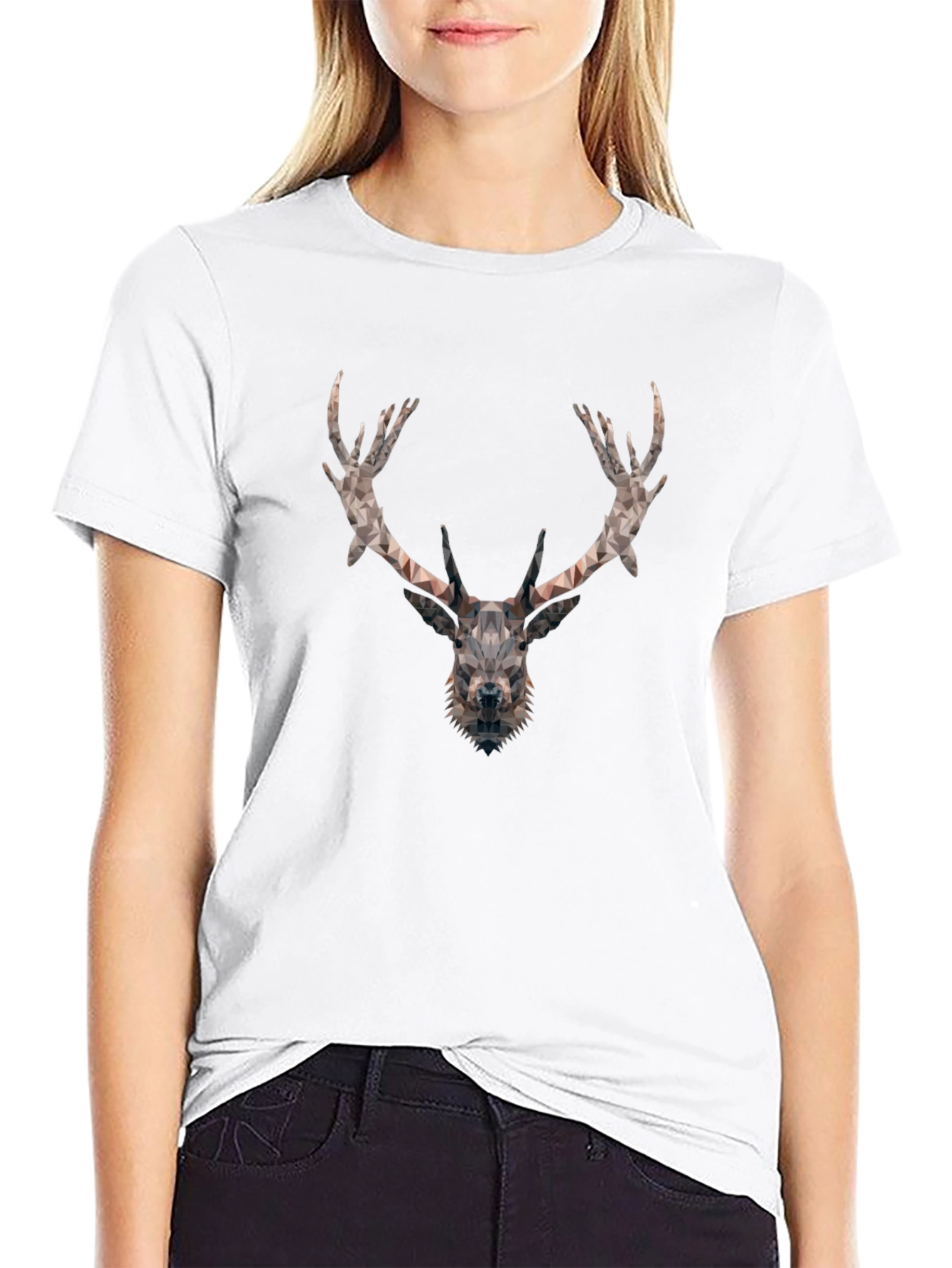 Geometric Deer Head Graphic Tee - Black