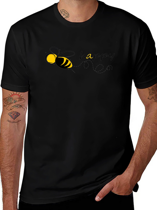 Happy Bee Graphic Tee - Black Cotton Blend Casual T-Shirt