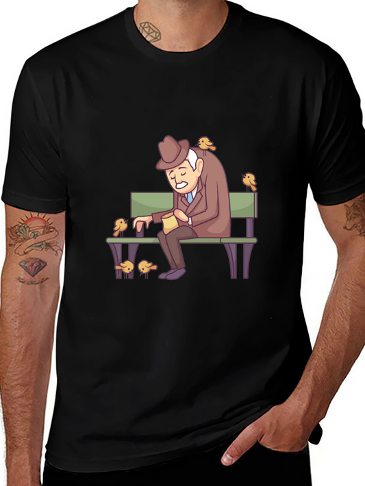 Cartoon Old Man and Birds Graphic Tee