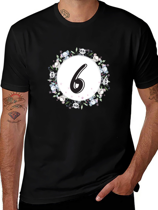 Cute Number 6 Panda Floral Wreath Black T-Shirt