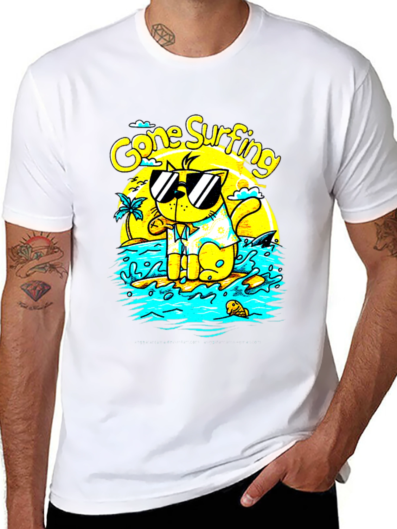 Gone Surfing Cat Graphic T-Shirt - Black