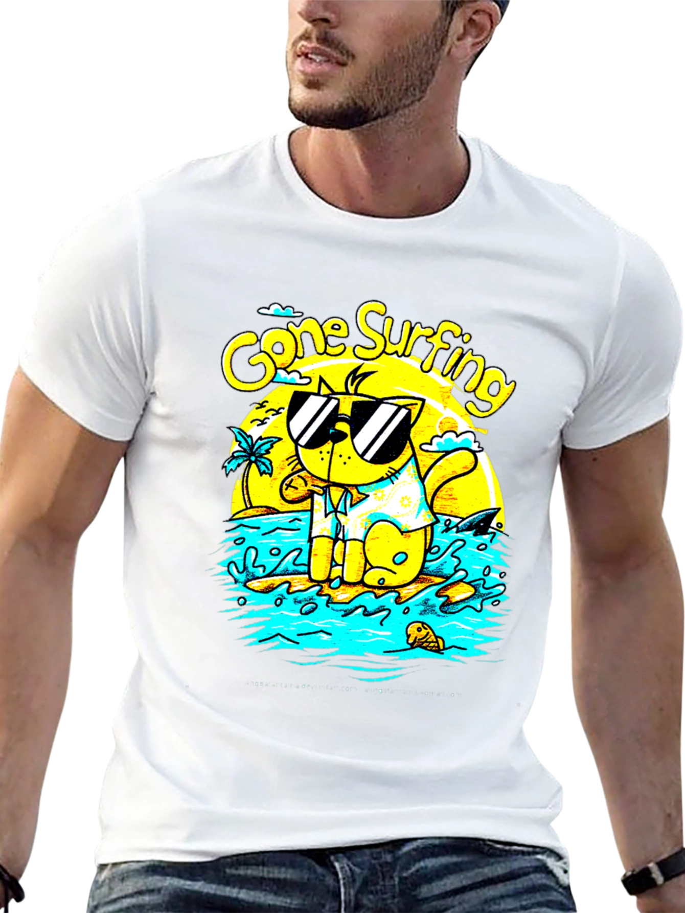 Gone Surfing Cat Graphic T-Shirt - Black