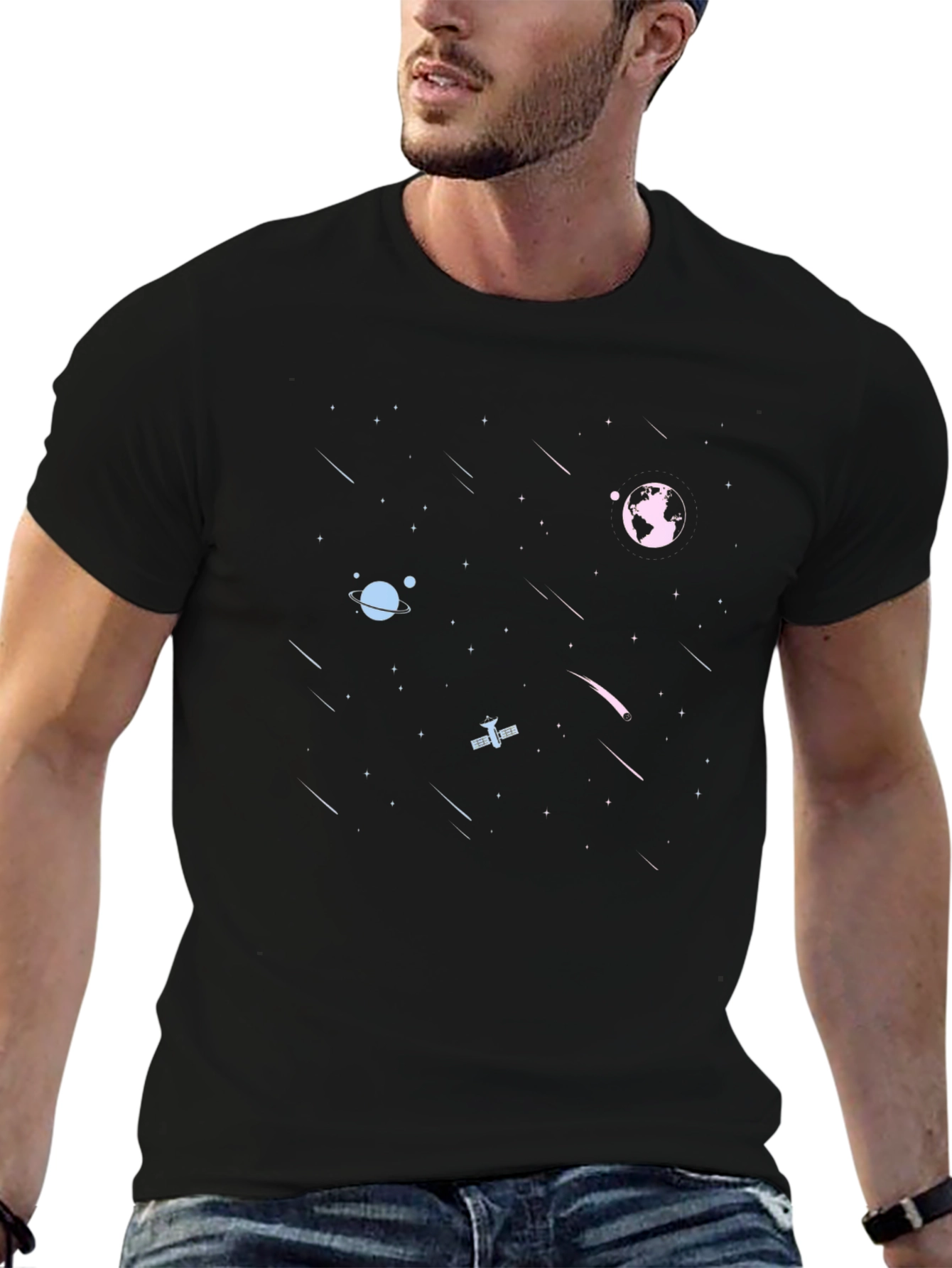 Space Print Black Tee - Cosmic Graphic T-Shirt