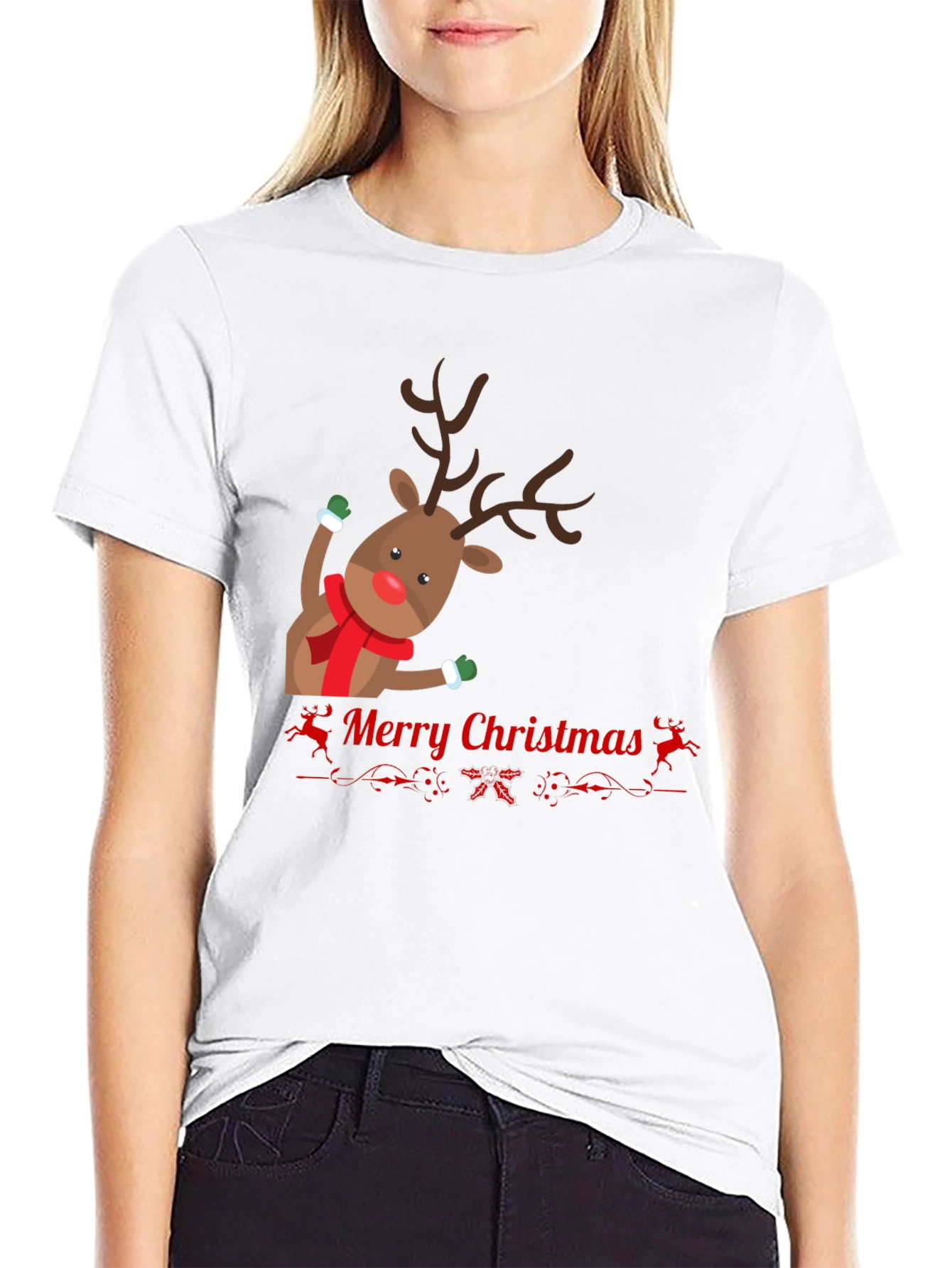 Festive Reindeer Merry Christmas Black T-shirt