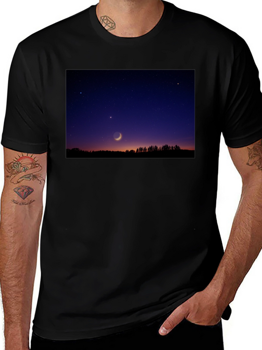 Mens Black T-Shirt with Night Sky Crescent Moon Design