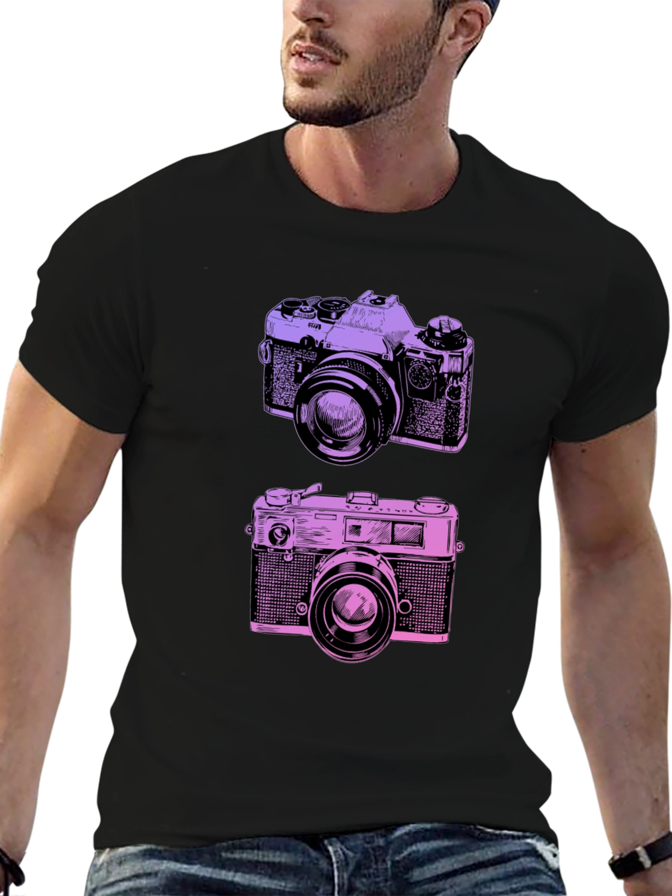 Retro Camera Print Black T-Shirt