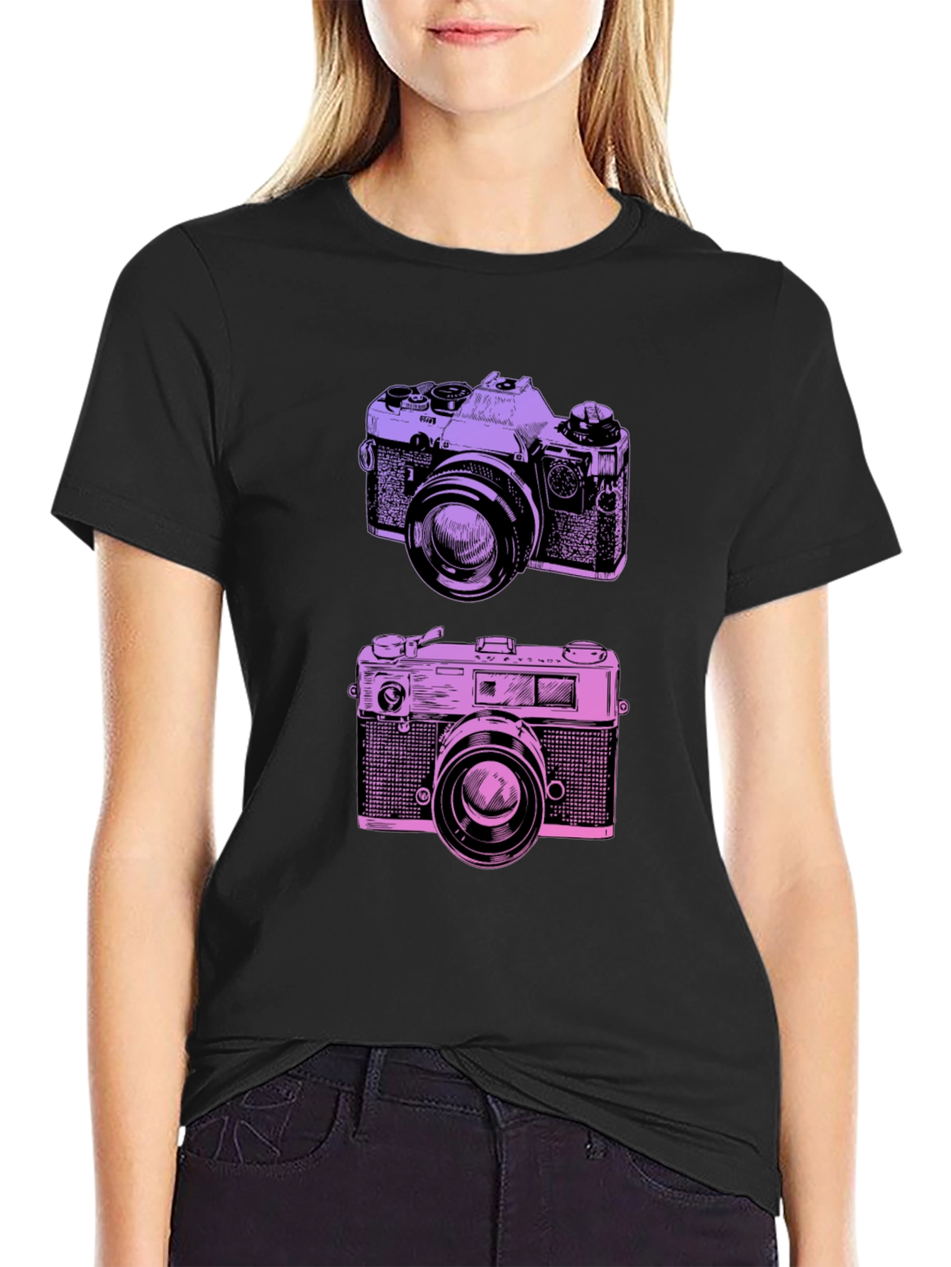 Retro Camera Print Black T-Shirt